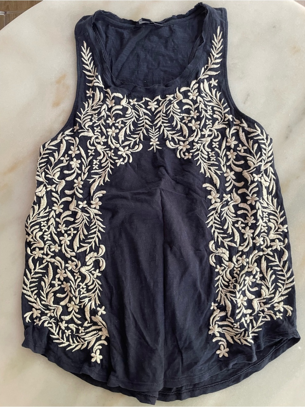 Lucky Brand Navy Tank with Cream Floral Embroidery size M